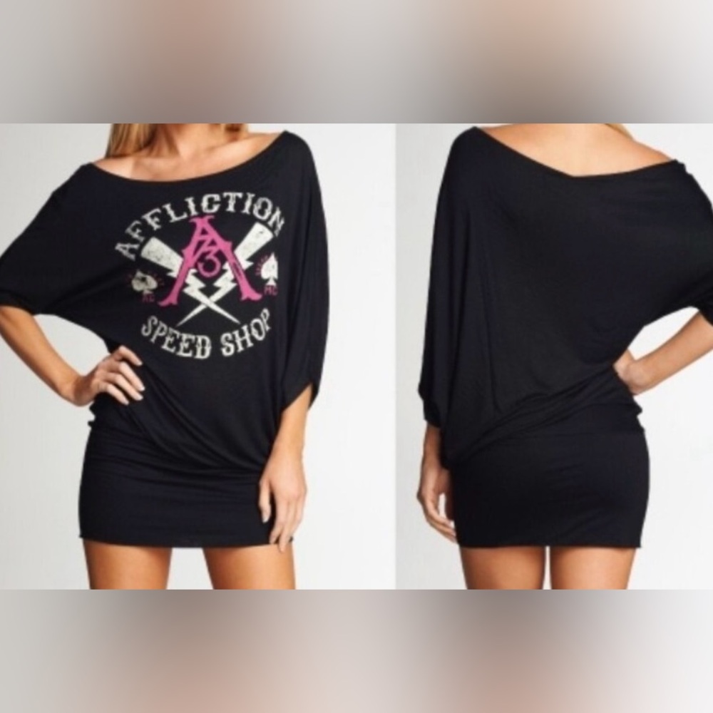 Affliction Speed Shop Off-Shoulder Minidress with Rhinestones. Like New.